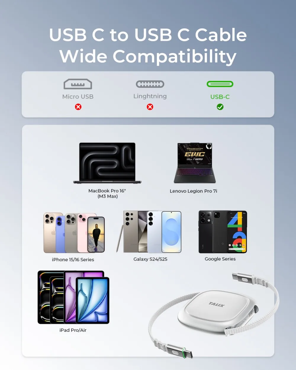 USB C to USB C Cable 240W Retractable USB C Fast Charging Cable - Image 3