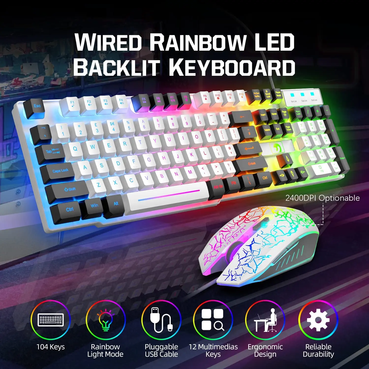 5-IN-1 Wired Rainbow Backlit Keyboard, Mouse, Headphone with Mic, Gaming Mice and Pad, Speaker - Image 2