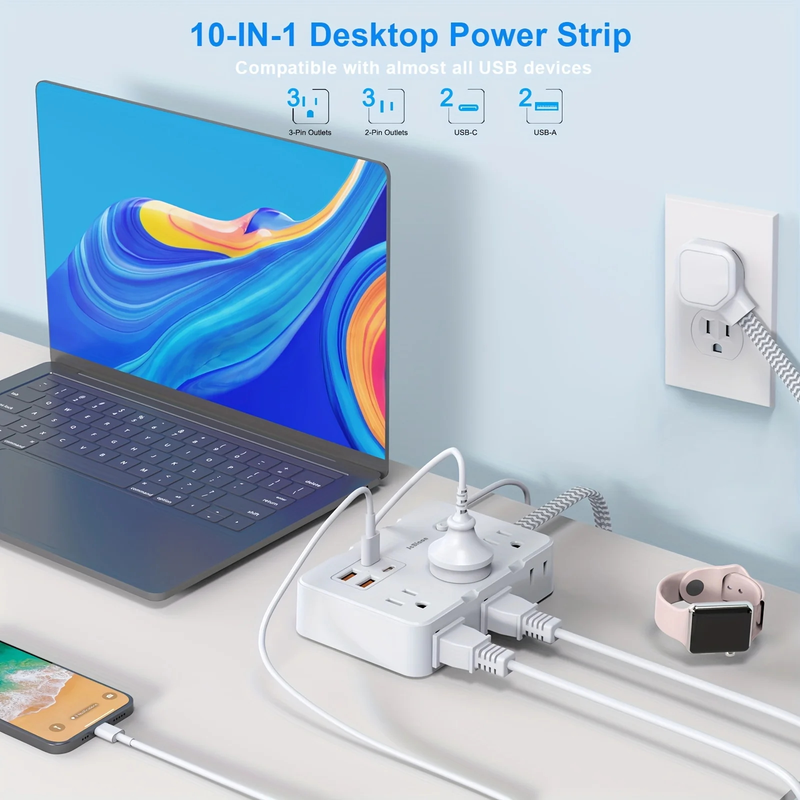 US Plug AC Outlet Multiprise Power Strip Braided Extension Cord - Image 2