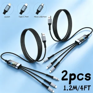 2PCS 3-IN-1 Fast Charging USB Cable With Type-C, Micro USB And IP Ports