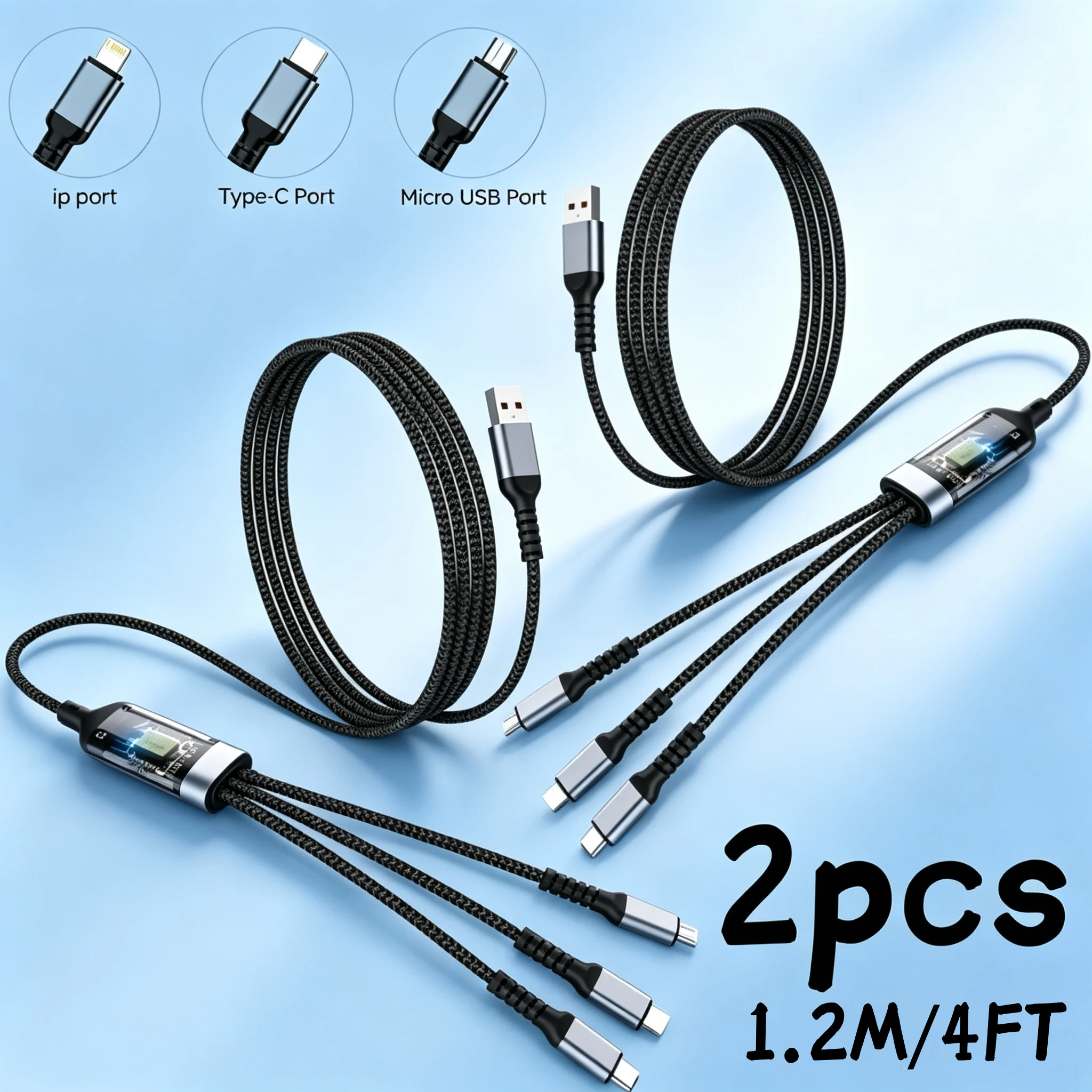 2PCS 3-IN-1 Fast Charging USB Cable With Type-C, Micro USB And IP Ports - Image 1