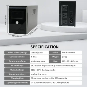 1000VA/600W 120V UPS Power Supply Battery Standby Power with 3 Outlets and LCD Display Surge Protector for Home and Office - Thumbnail Image 3