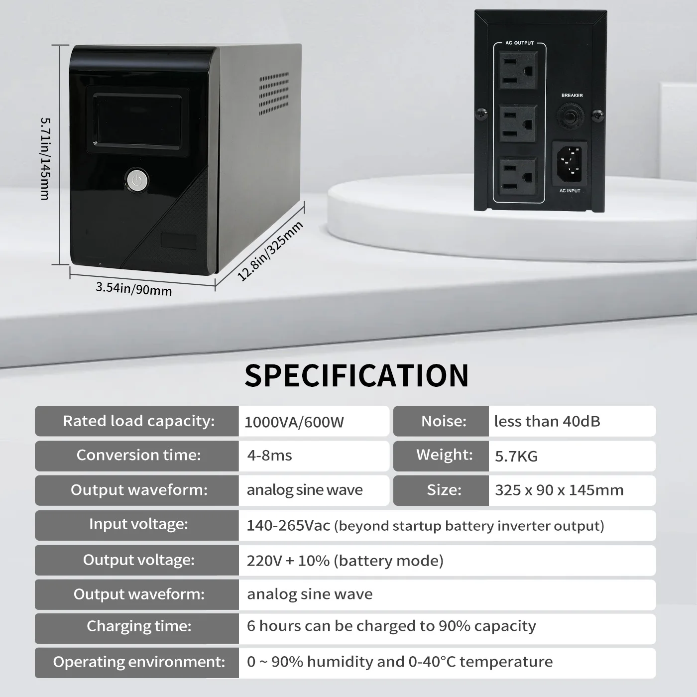 1000VA/600W 120V UPS Power Supply Battery Standby Power with 3 Outlets and LCD Display Surge Protector for Home and Office - Image 3