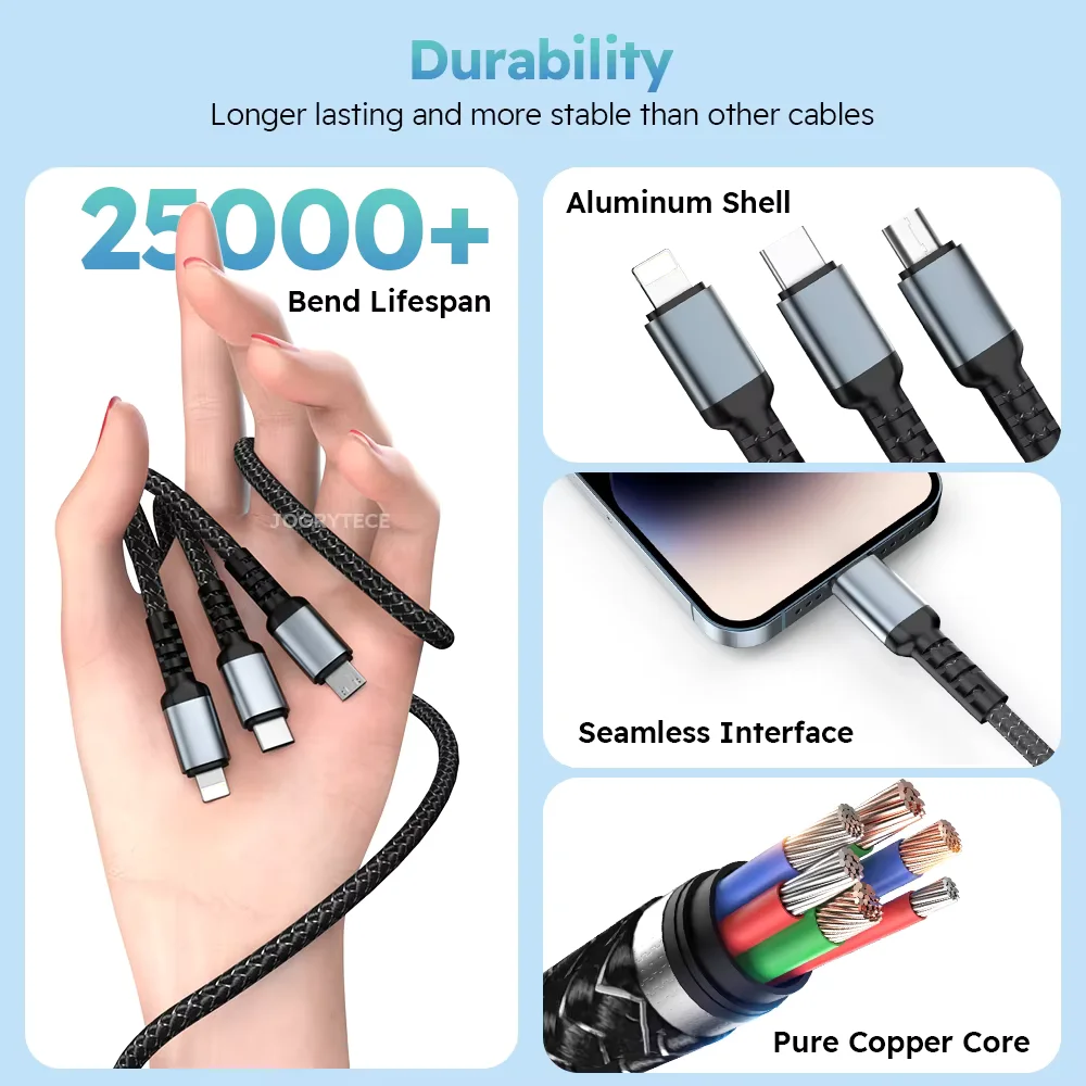 2PCS 3-IN-1 Fast Charging USB Cable With Type-C, Micro USB And IP Ports - Image 4