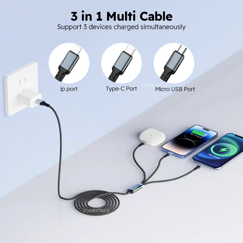2PCS 3-IN-1 Fast Charging USB Cable With Type-C, Micro USB And IP Ports - Image 3