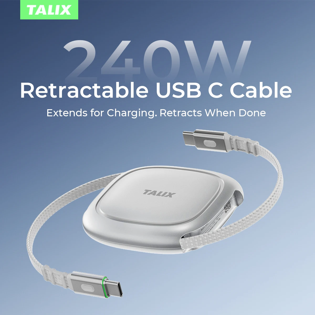 USB C to USB C Cable 240W Retractable USB C Fast Charging Cable - Image 1
